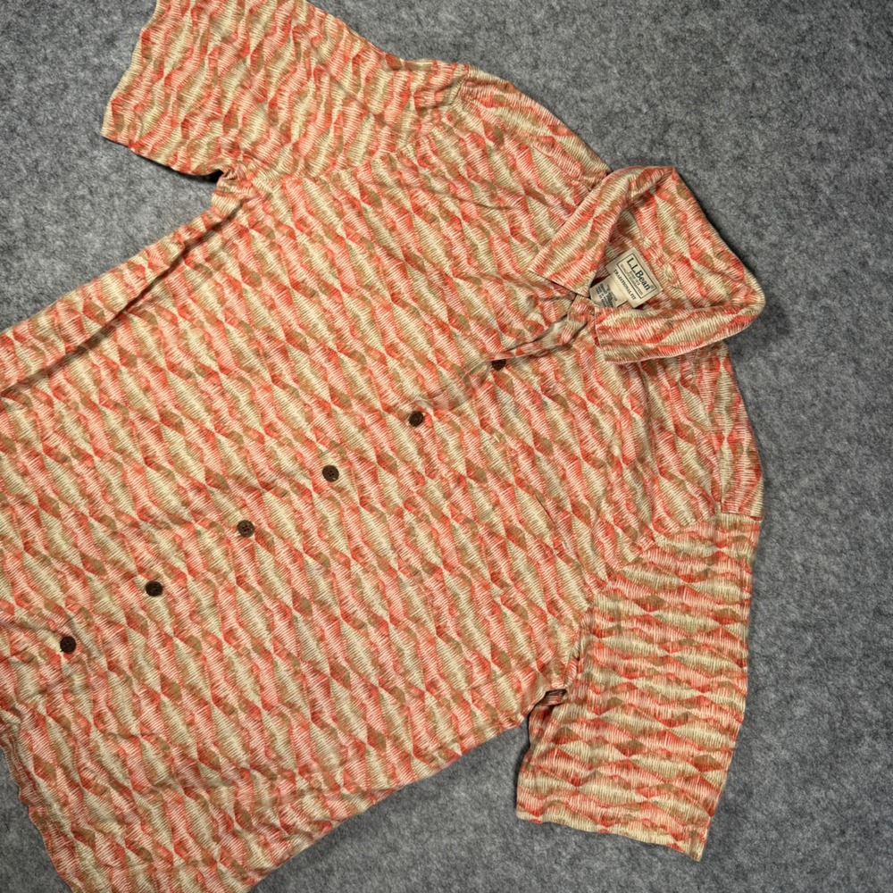 LL Bean Mens Short Sleeve Button Up Shirt Orange Geometric Print 300229 Small